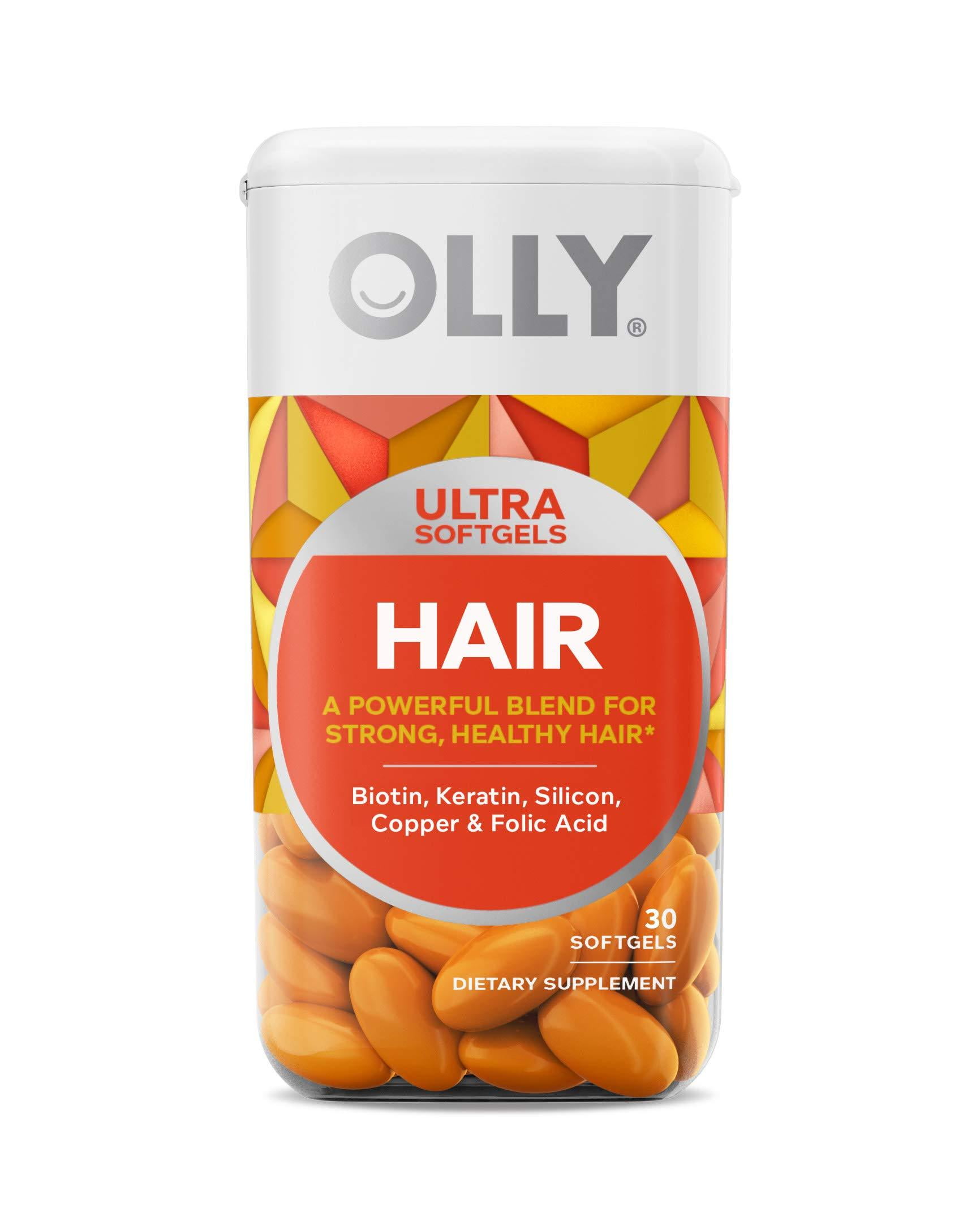 OLLY Hair Ultra Softgels, Supports Healthy Hair Growth, Stronger er Hair, Biotin, Keratin, Vitamin D, B12, Hair Supplement, 30 Day Supply Ultra Hair