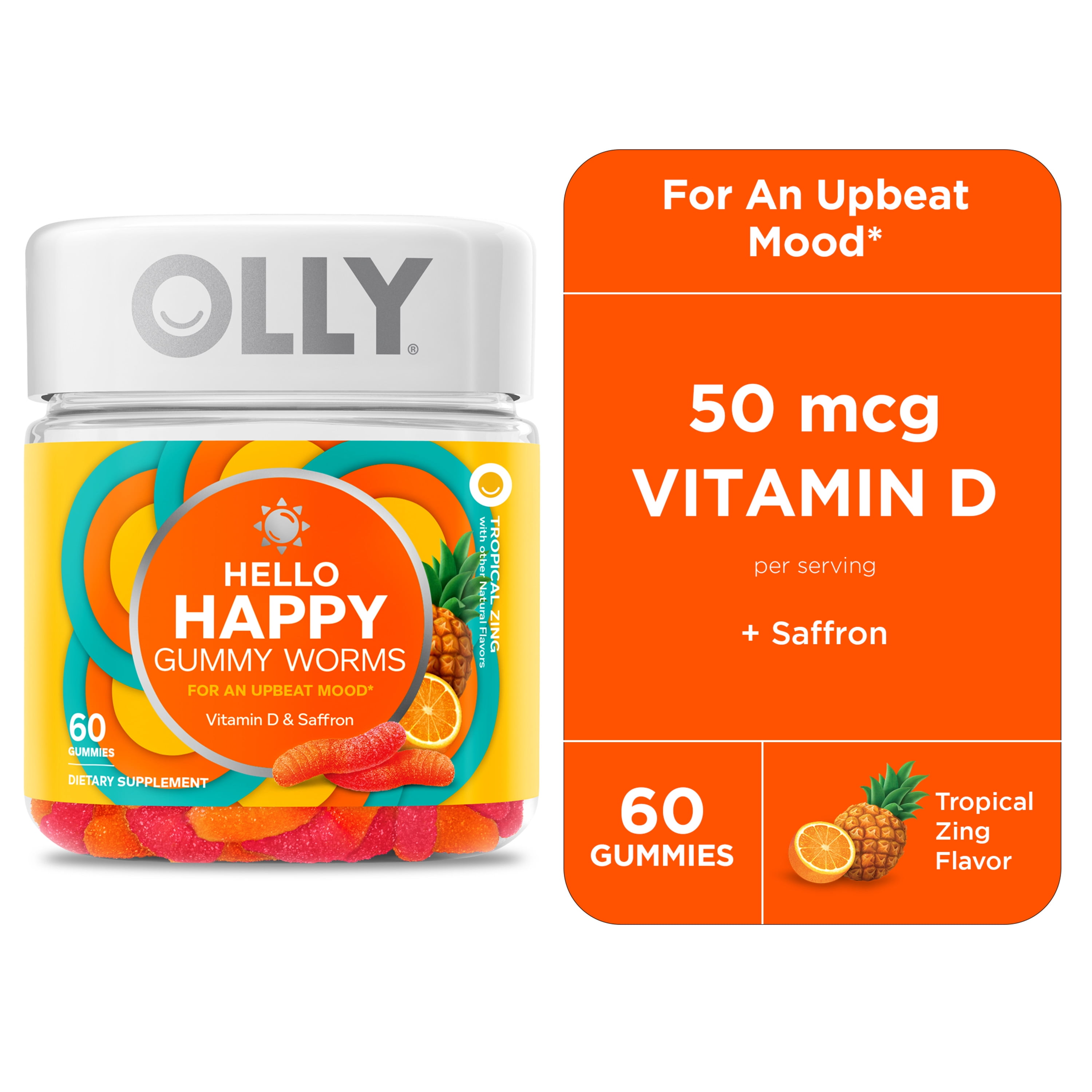 OLLY Hello Happy Gummy Worms, Mood Balance Support Supplement, Vitamin D,  Tropical, 60 Ct 