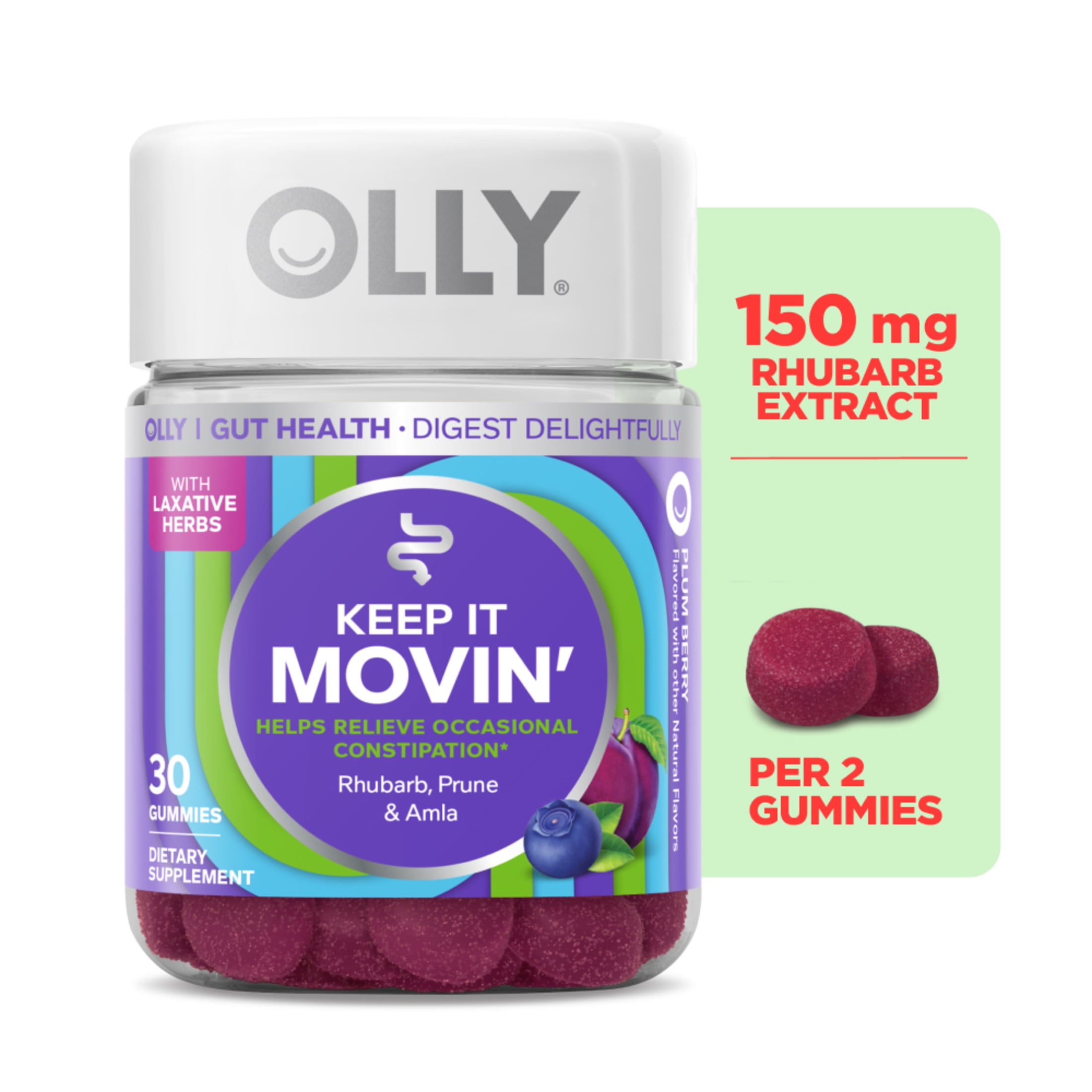 OLLY Keep It Movin Gummy Supplement for Digestive Constipation Support with Rhubarb Prunes Amla Plum Berry 30 Ct