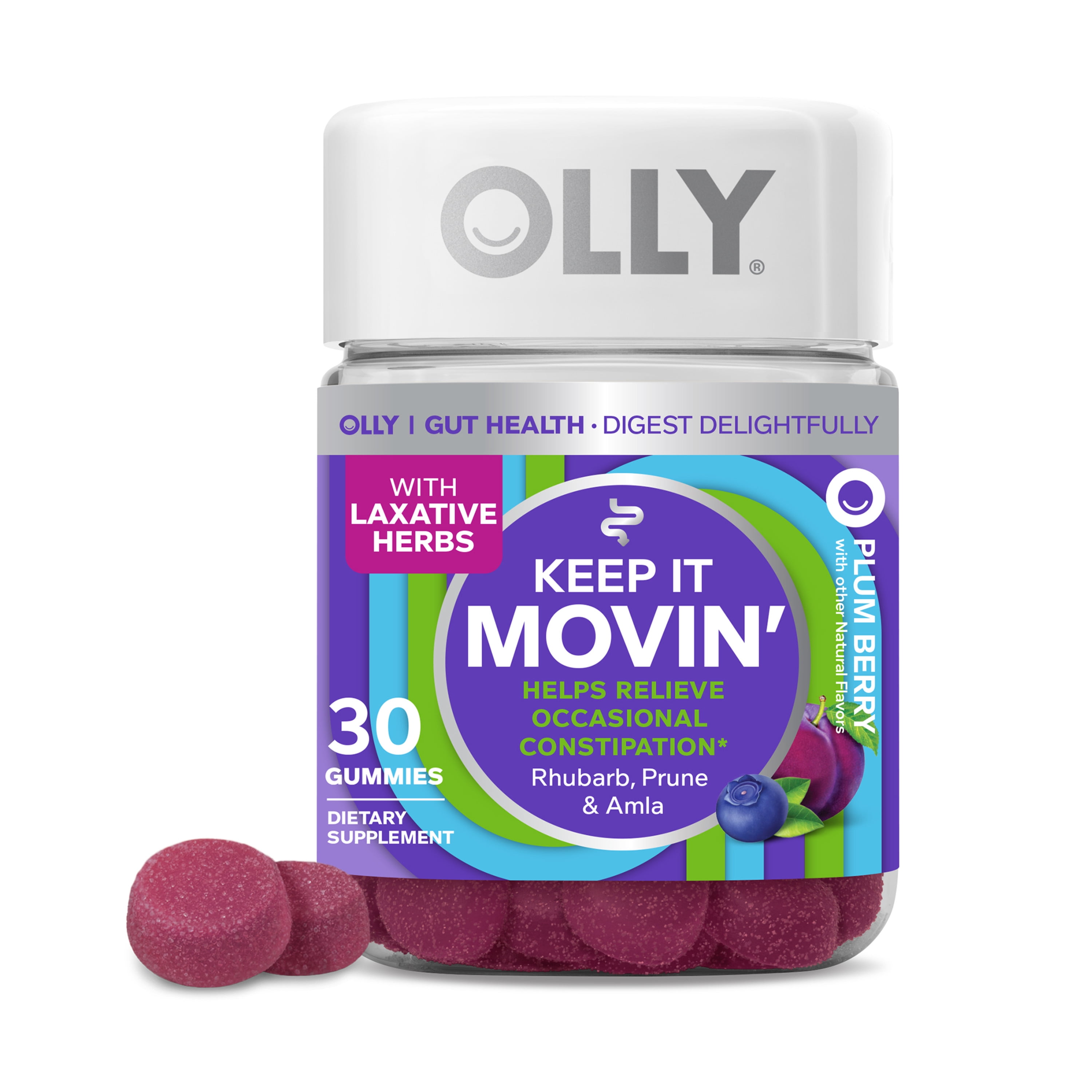 OLLY Keep it Moving Gummy Supplement, Constipation Support, Rhubarb