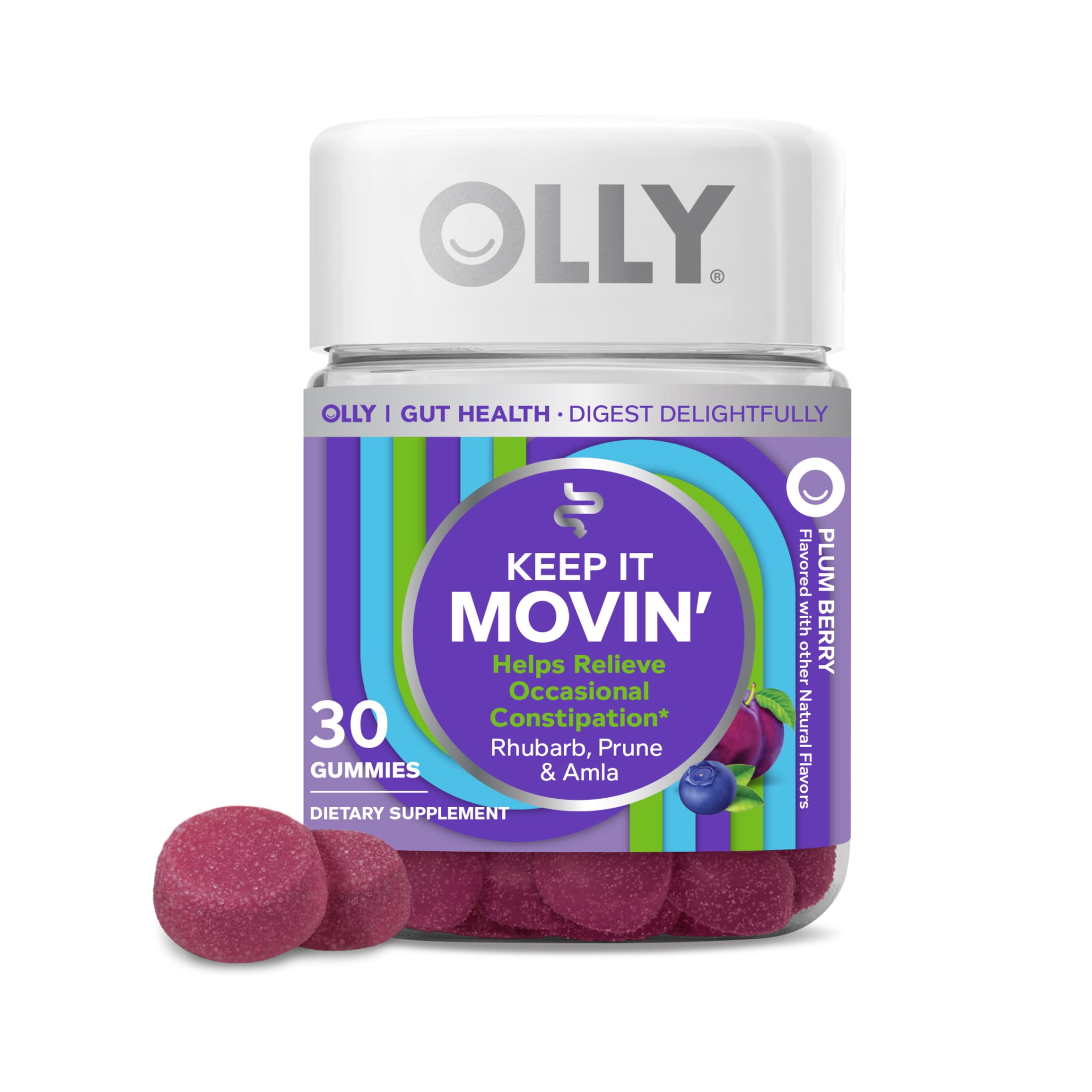 OLLY Keep it Moving Gummy Supplement, Constipation Support, Rhubarb, Prunes, AMLA, Plum Berry, 30 Ct