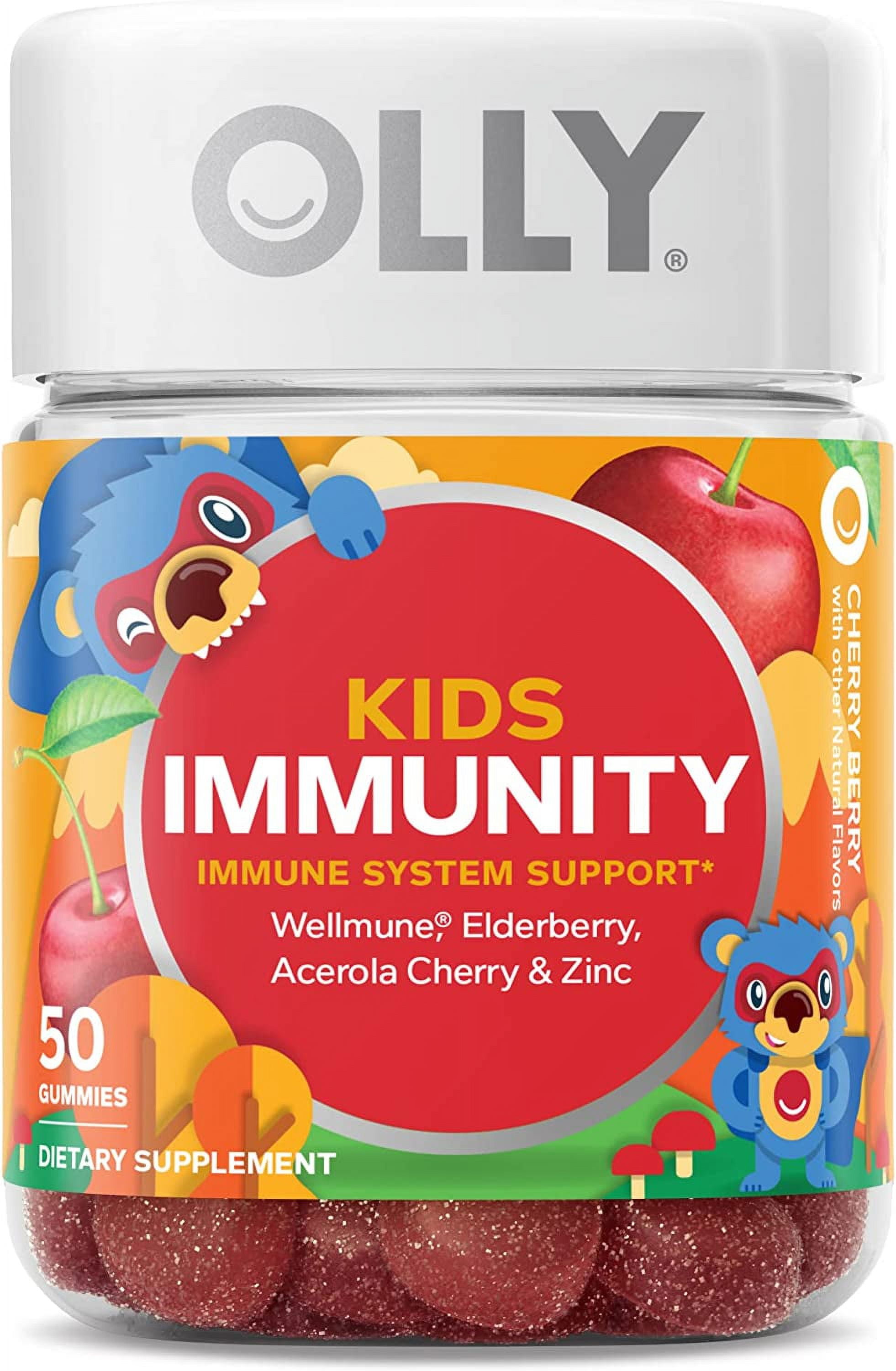 OLLY Kids Immunity Gummy, Cherry, Vitamin C, Zinc, Elderberry, Wellmune