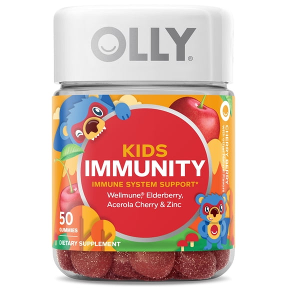 OLLY Kids Immunity Gummy Supplement with Wellmune and Elderberry, Cherry Berry Flavored, 50 Count