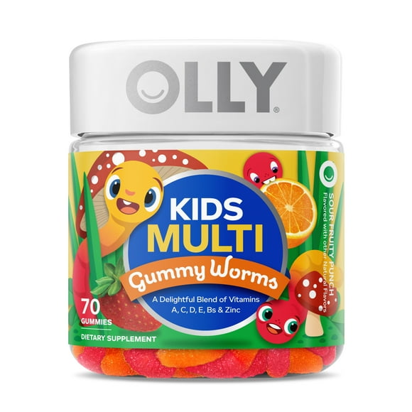 OLLY Kids Multivitamin Gummy Worm Supplement, Vitamins A, C, D & Zinc, Sour Fruit Punch, 70 Ct