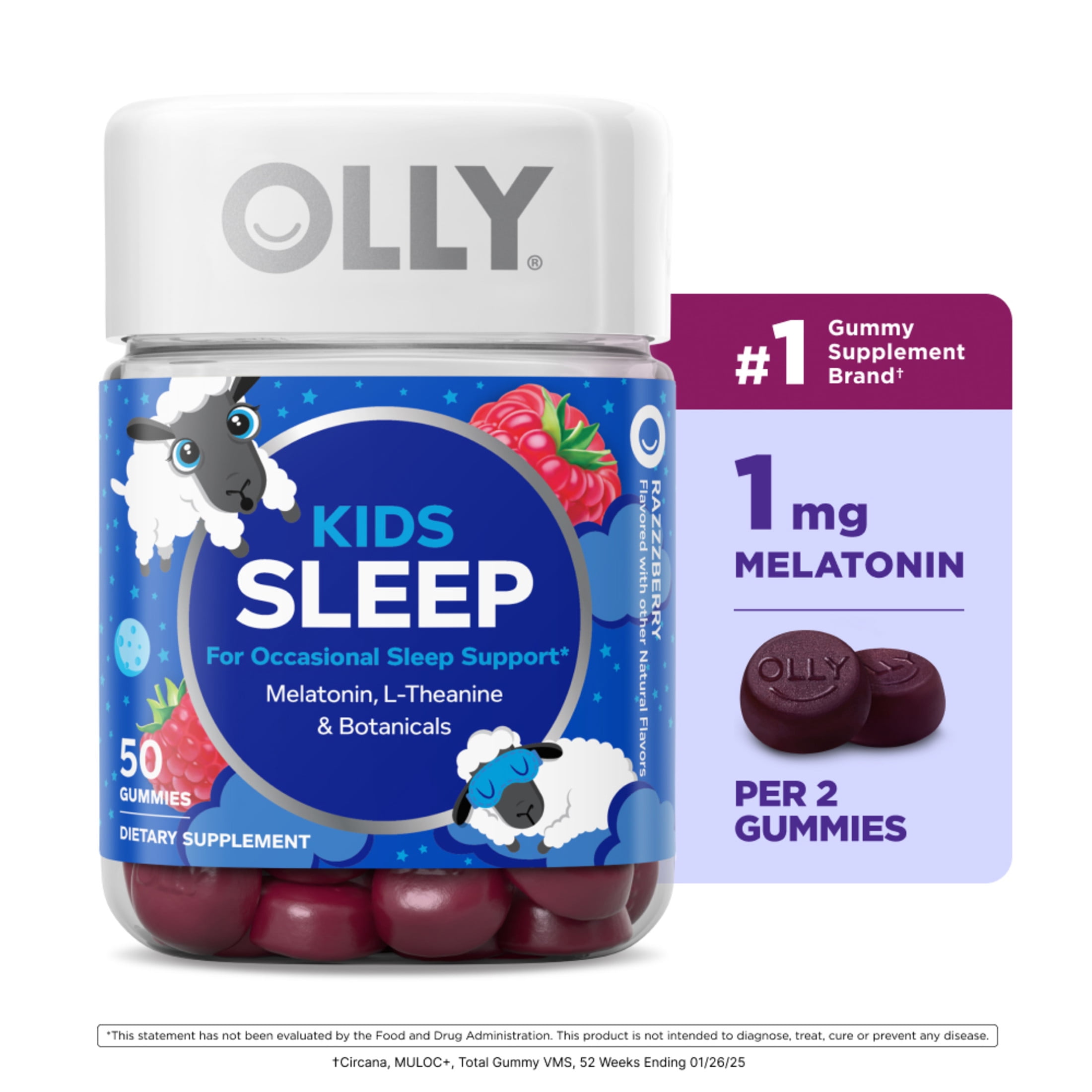 OLLY Kids Sleep Gummy Supplement, 0.5mg Melatonin, L-Theanine, Raspberry Flavored, 50 Ct