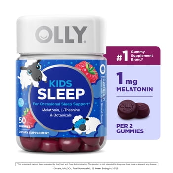 OLLY Kids Sleep Gummies Ages 4+, 1 mg Melatonin per 2 gummies serving, Occasional Sleep Support*, 50 Count