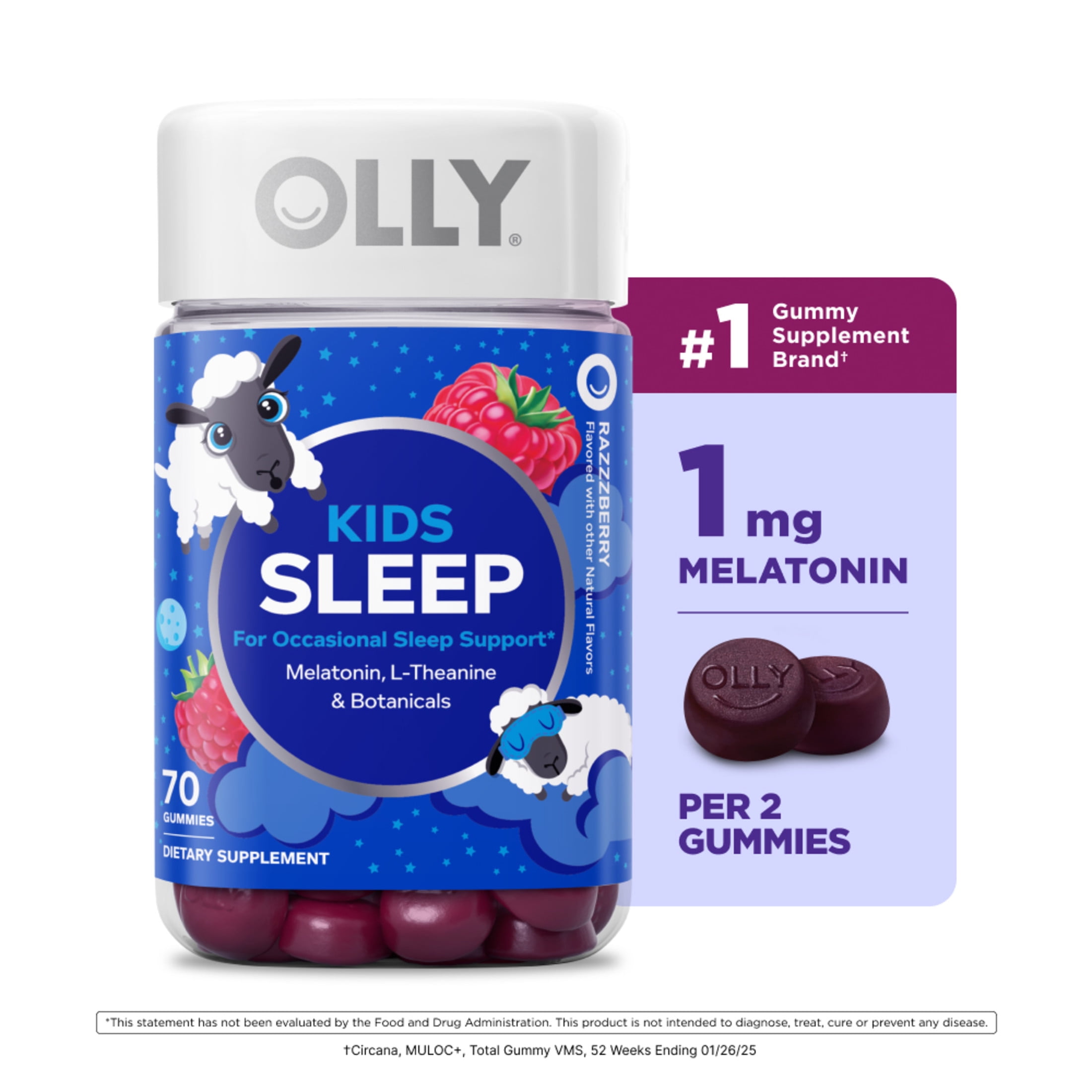 OLLY Kids Sleep Gummy Supplement, 0.5mg Melatonin, L-Theanine, Raspberry Flavored, 50 Ct