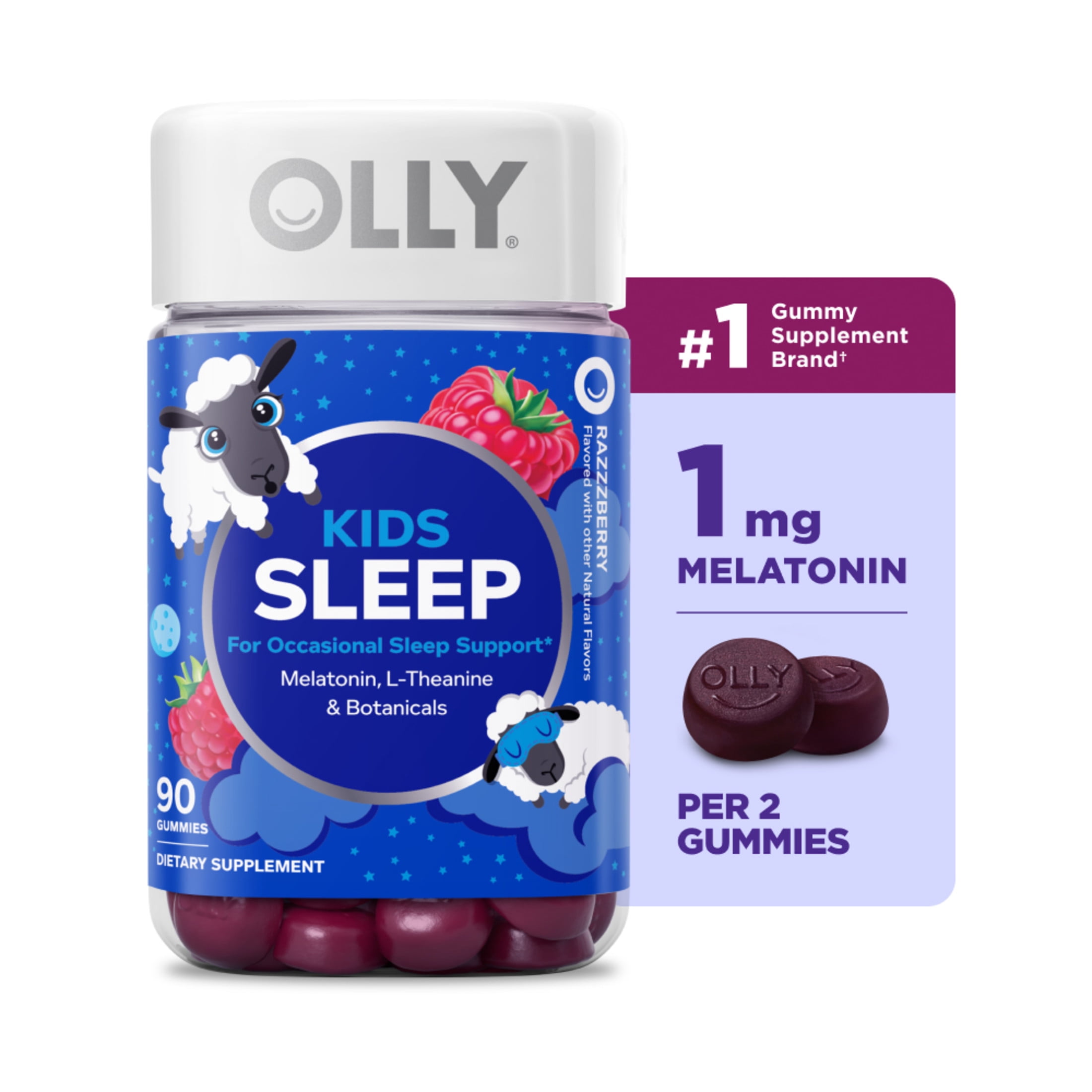 OLLY Kids Sleep Gummy Supplement, 0.5mg Melatonin, L-Theanine, Raspberry Flavored, 50 Ct