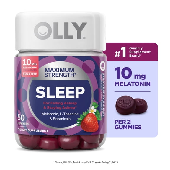OLLY Max Sleep Gummies for Adults, 10 mg Melatonin - 50 Count, Strawberry Sunset Flavor