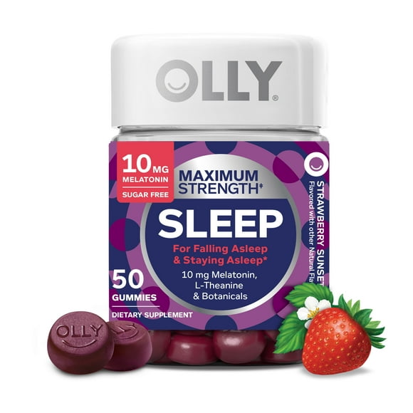OLLY Maximum Strength Sleep Gummy Supplement, 10mg Melatonin, L-Theanine, Strawberry Flavor, 50 Ct