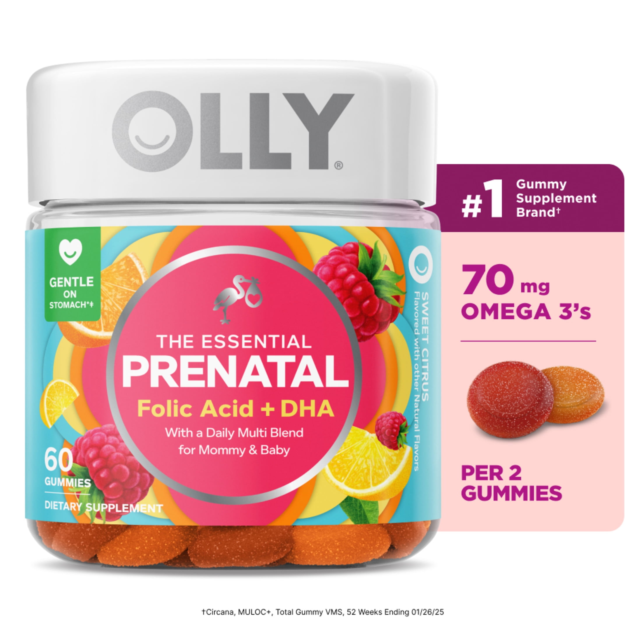OLLY Prenatal Multivitamin Gummy Supplement, Folic Acid, Omega 3 DHA, 60 Ct