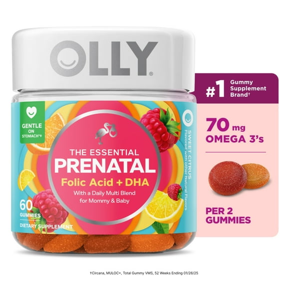 OLLY Prenatal Multivitamin Gummy for Women, Folic Acid, Vitamin D, Omega 3 DHA, 60 Ct