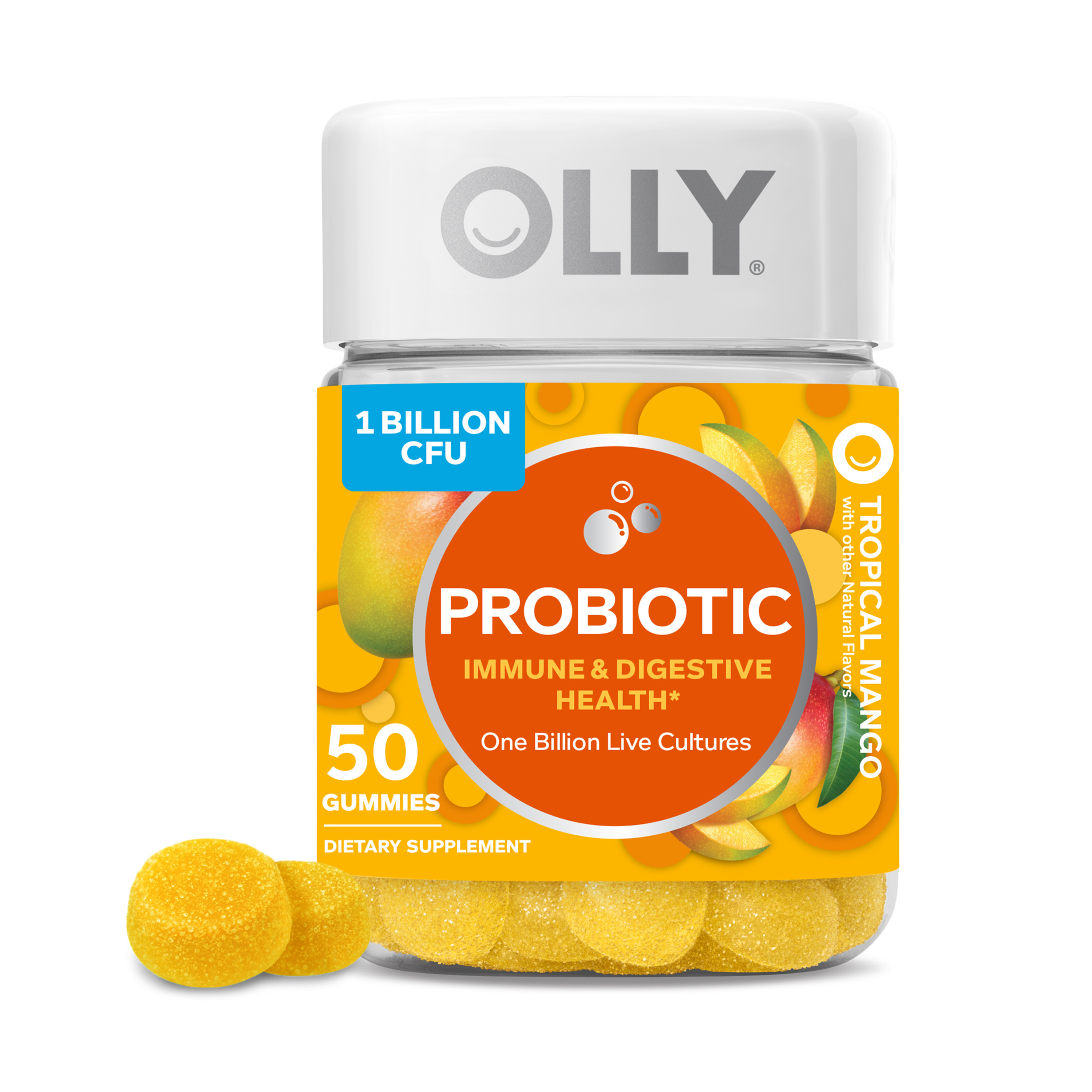 OLLY Probiotic Gummy, Immune & Digestive Health, Probiotic Supplement, Mango Flavor, 50 Ct - image 1 of 11