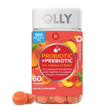 OLLY Probiotic + Prebiotic Fiber Gummy, Digestive + Gut Health Supplement for Adults, Peach, 60 Ct
