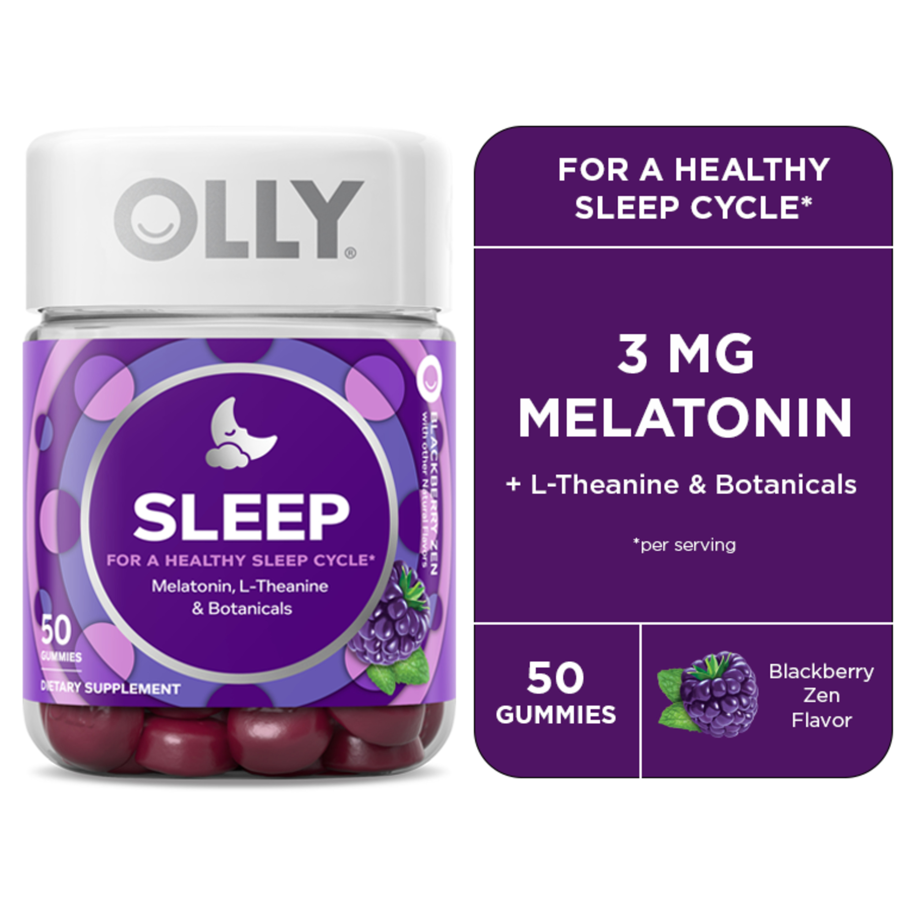 OLLY Sleep Gummy Supplement, 3mg Melatonin, L Theanine, Chamomile, Blackberry, 50 Ct - image 1 of 12