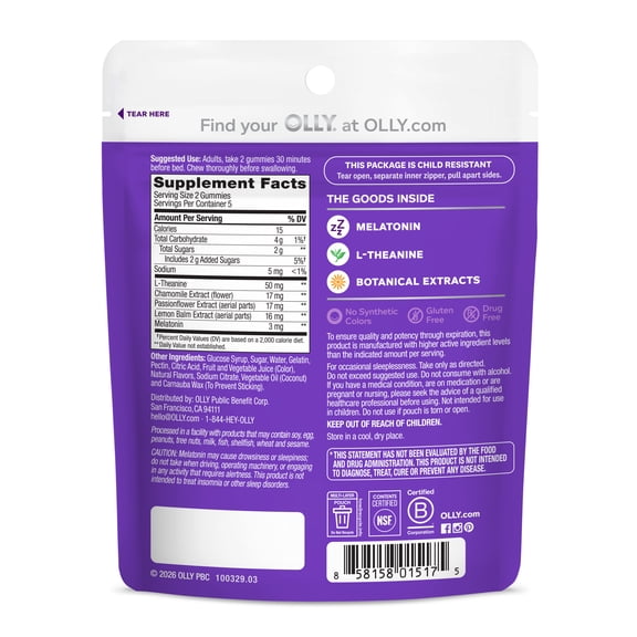 OLLY Sleep Gummy Supplement, 3mg Melatonin, L-Theanine, Chamomile, Blackberry Zen Flavor, 10 Ct