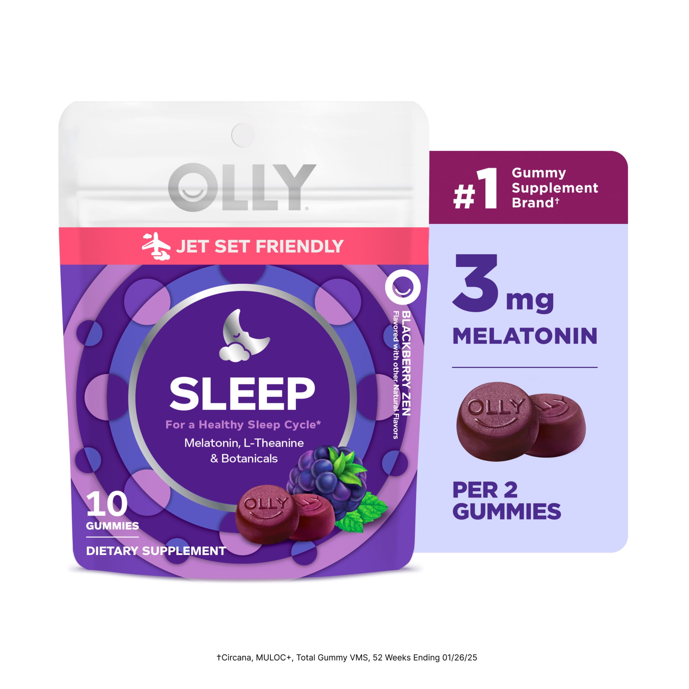 OLLY Sleep Gummy Supplement, 3mg Melatonin, L-Theanine, Chamomile, Blackberry Zen Flavor, 10 Ct