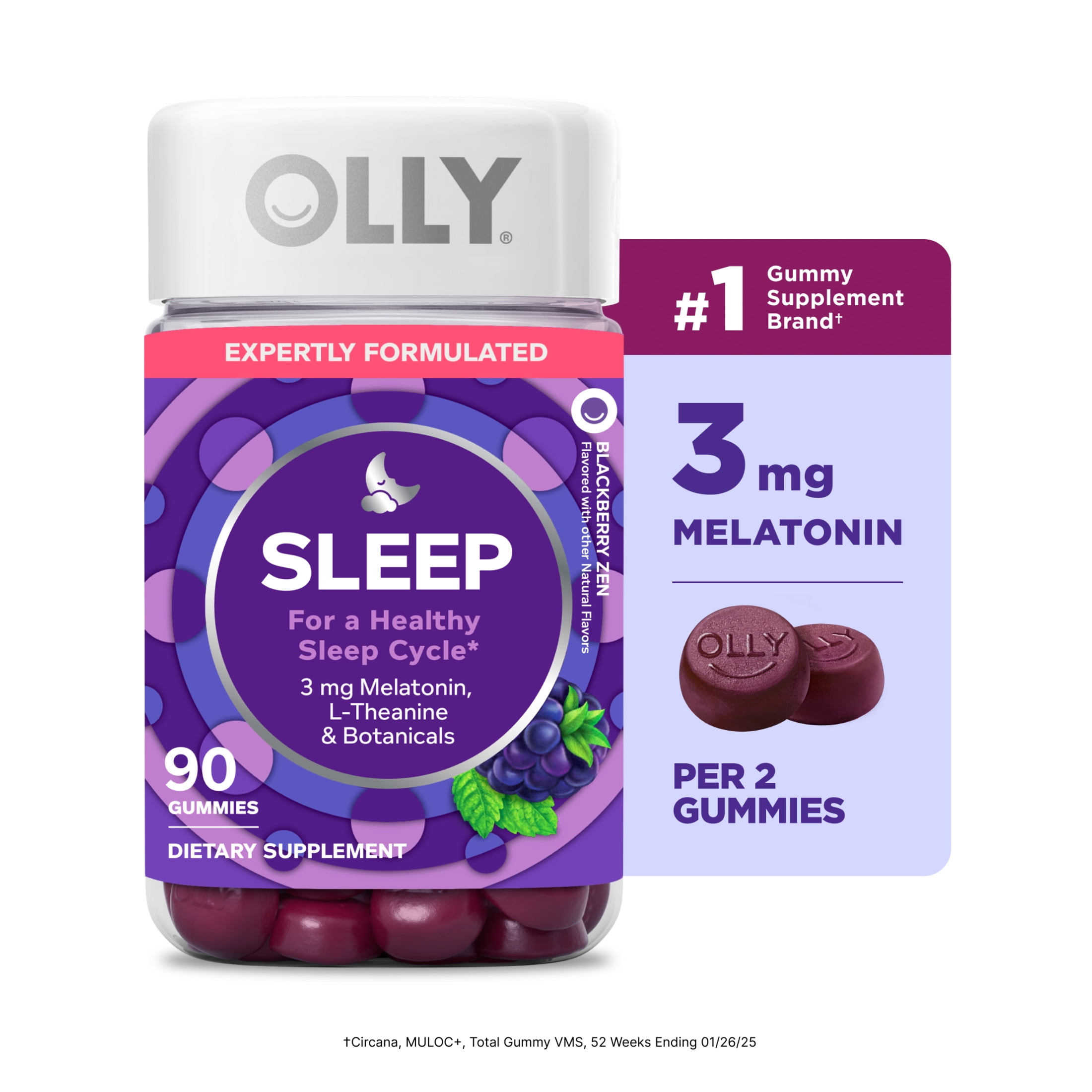 OLLY Sleep Gummy Supplement, 3mg Melatonin, L-Theanine, Chamomile, Blackberry Zen Flavor, 90 Ct
