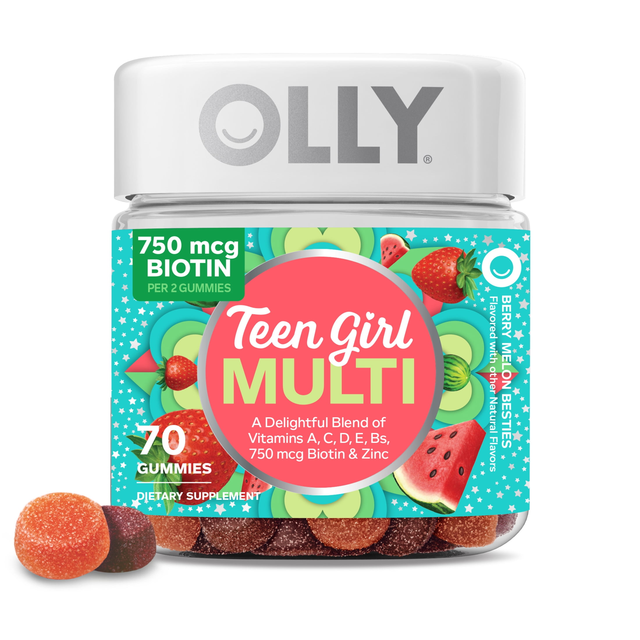 OLLY Teen Girl Multivitamin Gummies, Biotin, Antioxidants with Vitamin A, C  & E, Berry Melon Flavor, 70 Ct - Walmart.com