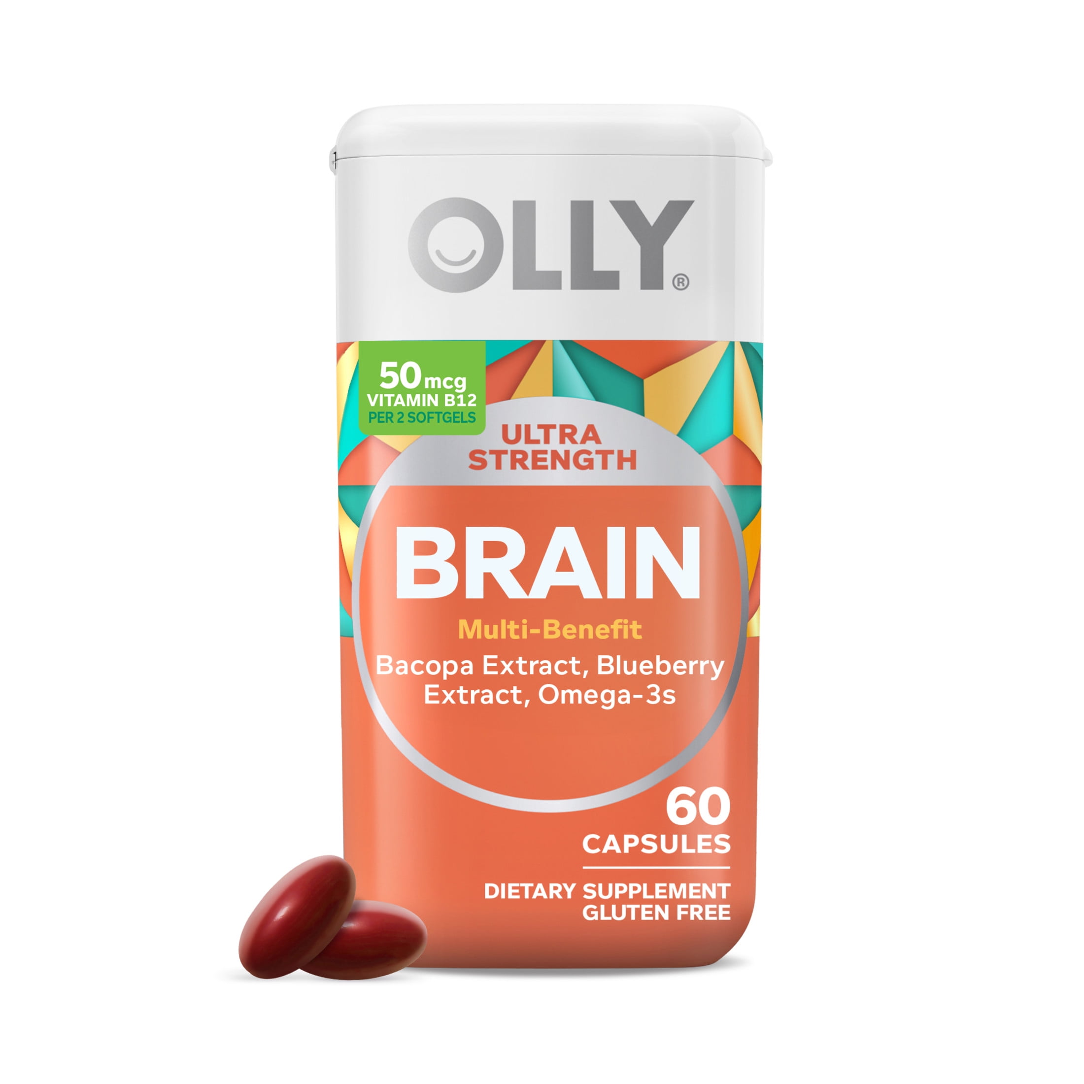 OLLY Ultra Strength Brain Softgels, Nootropic Supplement for Adults, Bacosides, Omega-3s, 60 Ct