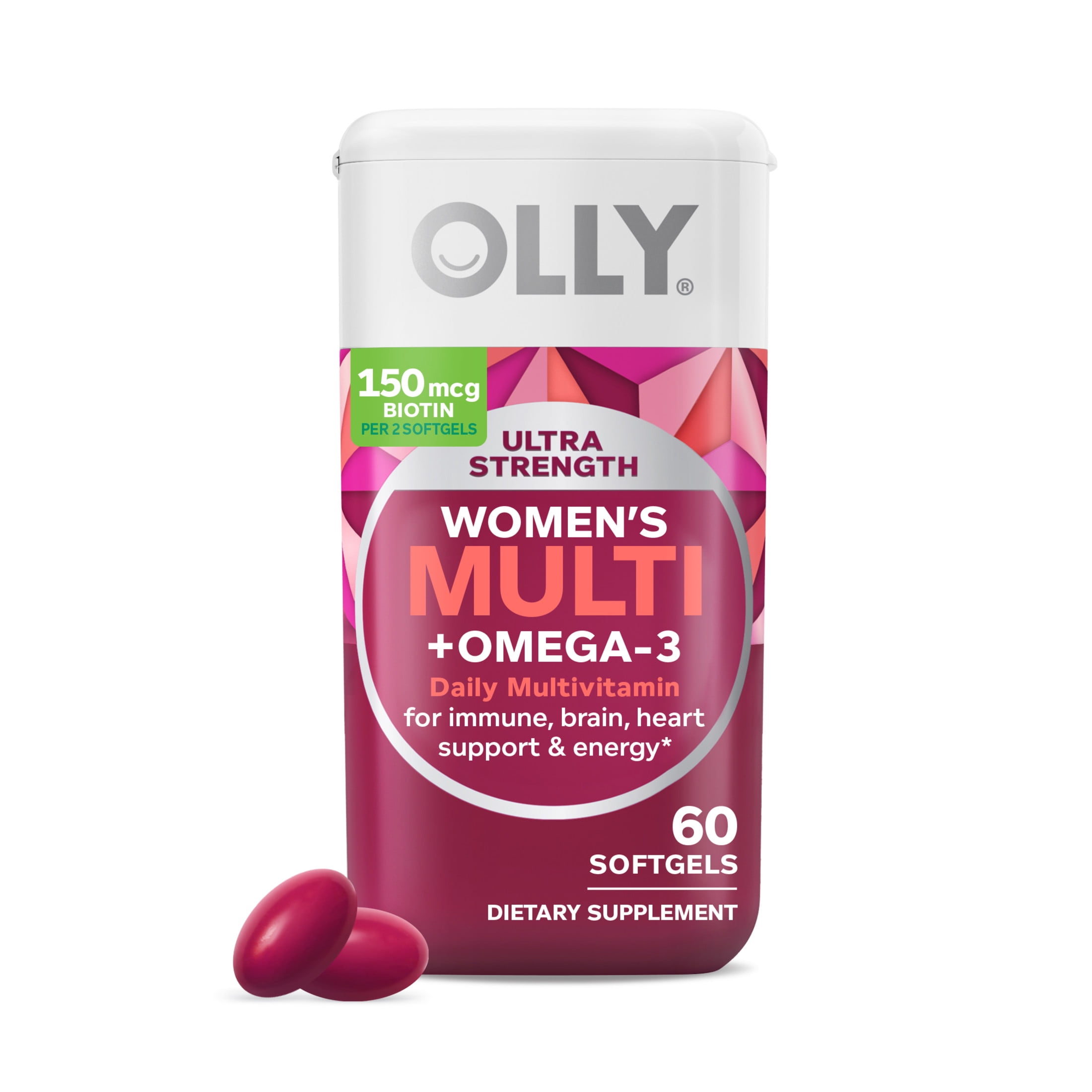 OLLY Ultra Strength Women's Multi + Omega-3 Softgels, Daily Health and Immune Support, 60 Ct