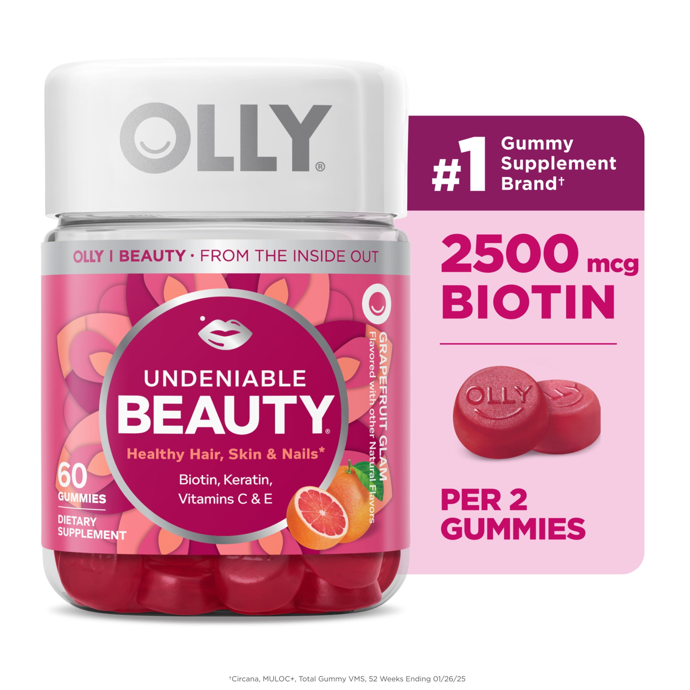 OLLY Undeniable Beauty Gummies Biotin Keratin for Hair Skin Nails Grapefruit Flavor 60 Ct