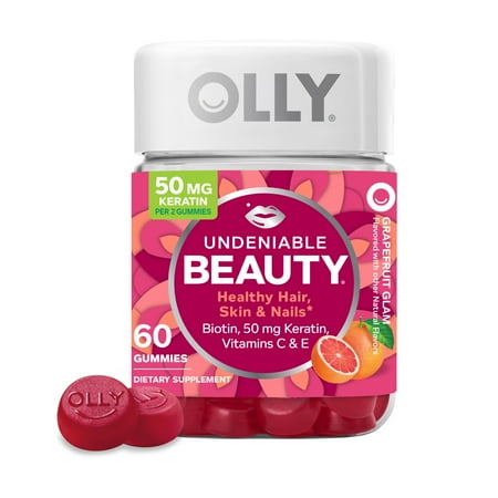 OLLY Undeniable Beauty Gummy, Supplement for Hair, Skin, Nails, Grapefruit, 60 Ct