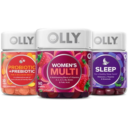OLLY Women’s Multi, Probiotic + Prebiotic for Gut Health, Sleep 3mg Melatonin, Variety 3-Pack