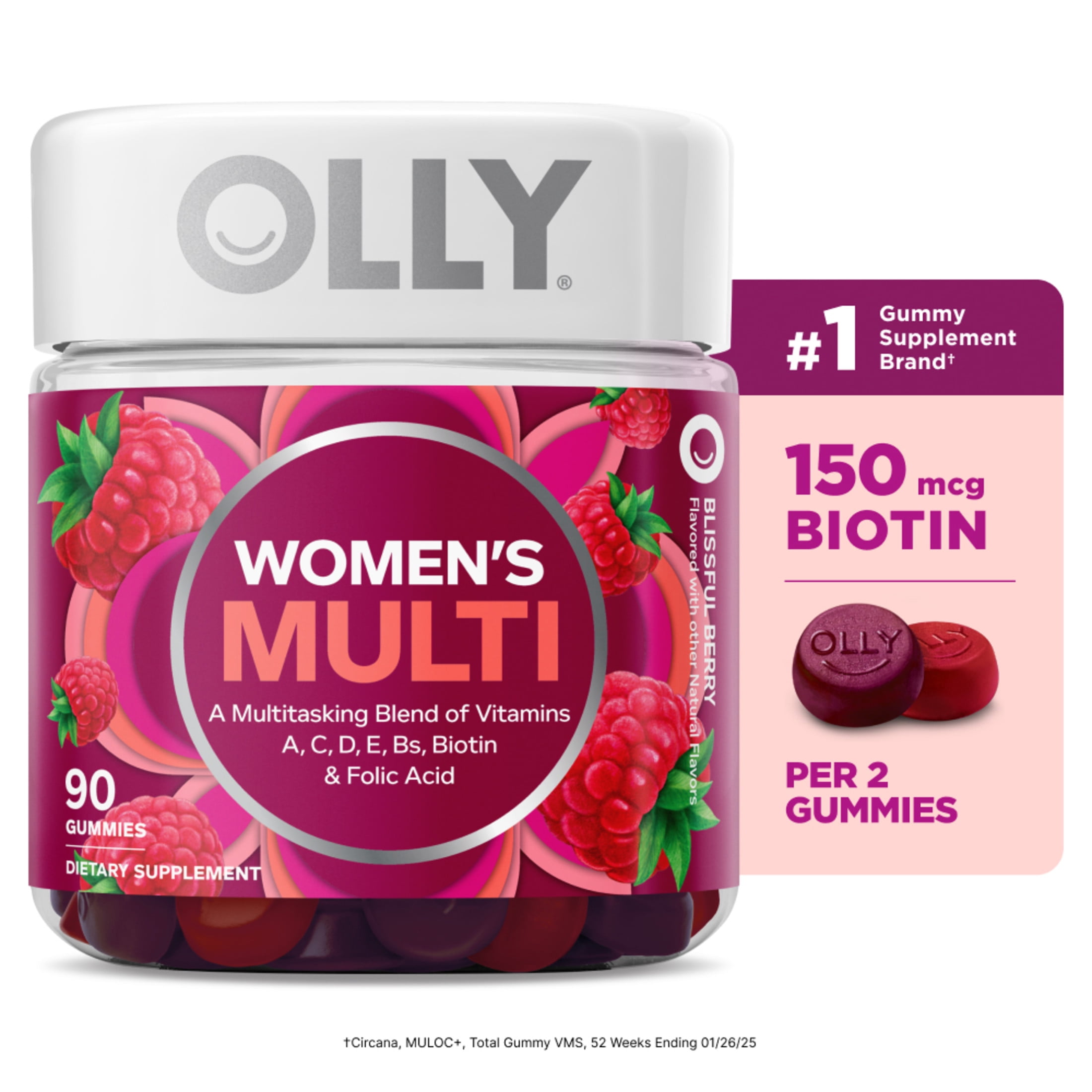 OLLY Women's Multivitamin Gummy with Vitamin A D C E Biotin Folic Acid Berry Flavor 90 Ct