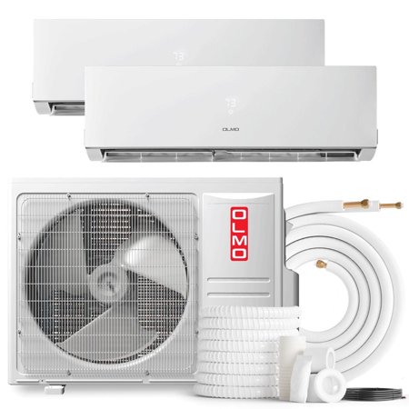 OLMO 18,000 BTU Dual Zone 9000 + 12000 BTU Wall Mount Ductless Mini Split A/C and Heater with 16ft Installation Kits
