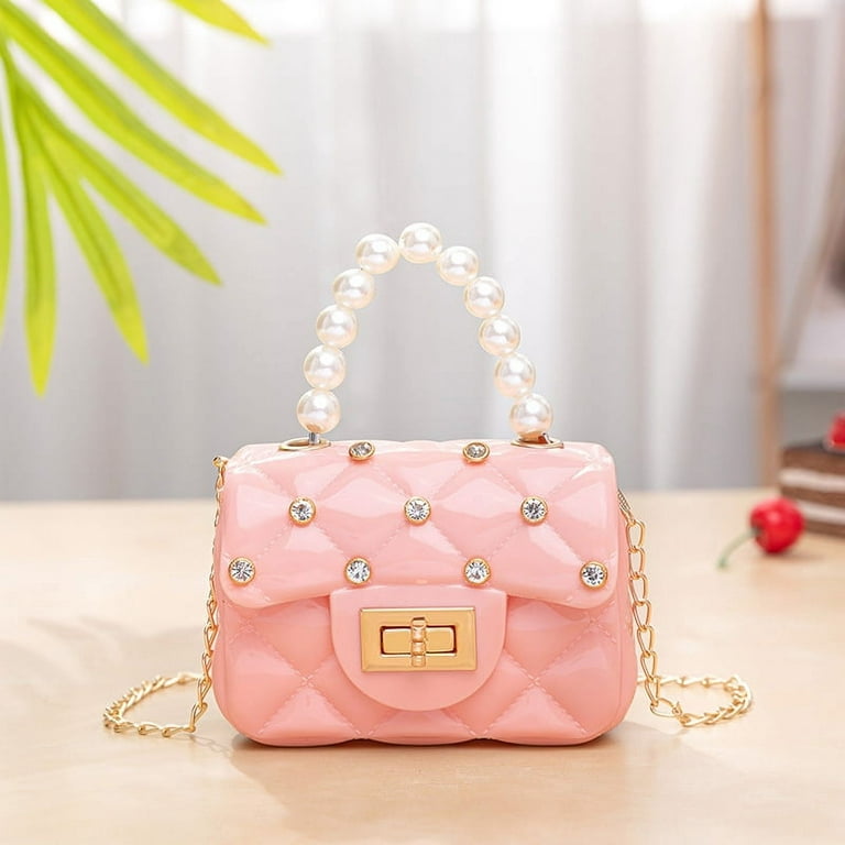 Oloey Fashion Candy Color Handbag Satchel Mini Purse Jelly Shoulder Bag Crossbody Purse with Pearls Handle Chain Strap, Girl's, Size: 5XL, Pink