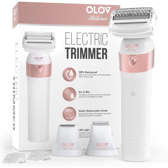 OLOV Bikini Trimmer for Women - IPX7 Waterproof Wet/Dry Electric Razors for Silk Skin, 3 Interchangeable Heads for Bikini, Legs, Underarms & Pubic Hair, Facial Hair Shaver for Women, Rose Gold