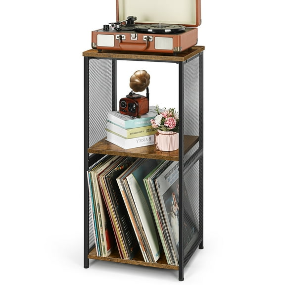 OLOV Indoor Vintage 3-Tier Storage Metal/Wood Rectangular Record Player End Table, Brown