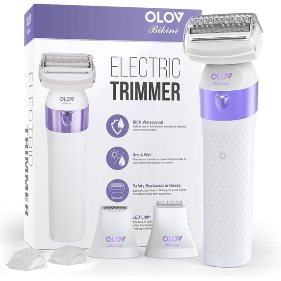OLOV Usb Rechargeable Bikini Trimmer for Women, IPX7 Waterproof Wet/Dry Shaver, 3 Interchangeable Heads, Purple