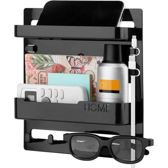 OLPPEB Bedside Shelf Wall Mount and Wall Nightstand for Bedroom,Adhesive Nightstand Wallshelf with 5 Hooks,Wall Mount Shelf Organizer for Charging Station and Remote Control Holder(Black)