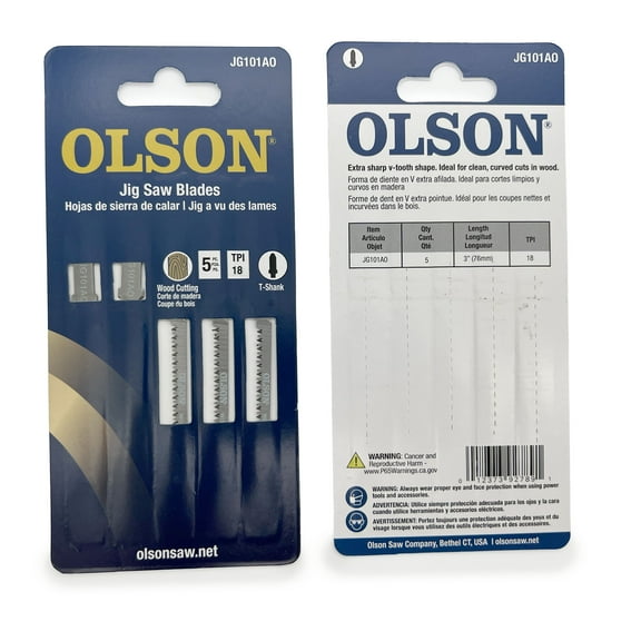 OLSON Jigsaw Blades, 5-Piece, 3 inch 18TPI, T-Shank, V-Tooth, Clean Curved Cuts for Detailed Woodwork (JG101AO)