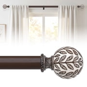 OLV Boho Curtain Rods 36-120" Heavy Duty with Wood Grain Leaf Finial,Walnut Wood-White