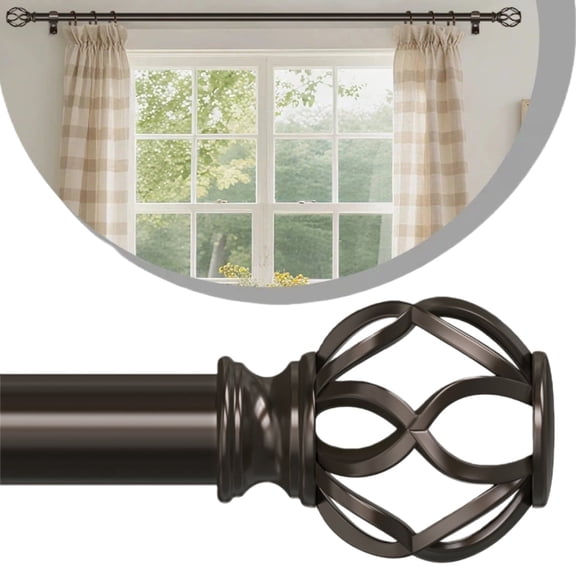 OLV 1" Adjustable Single Curtain Rod 30-60" with Twist Cage Finial Brown