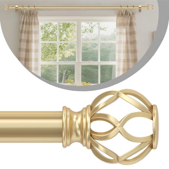 OLV 1" Adjustable Single Curtain Rod 36-120" with Twist Cage Finial Gold