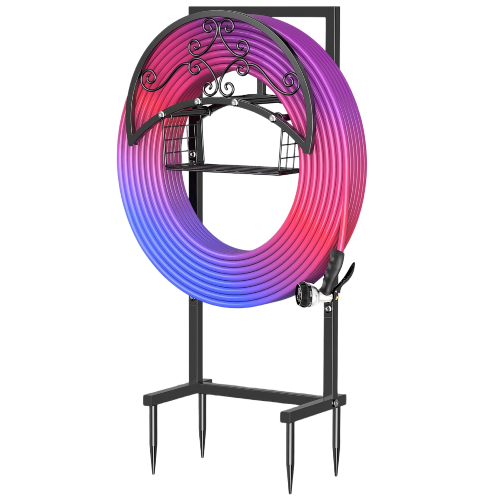 OLV Garden Hose Holder Freestanding Water Hose Heavy Duty Metal Reel Hanger,Holds 150ft Hose,Storage Basket