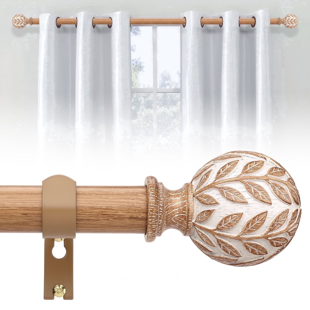 OLV Boho Curtain Rods 36-144" Heavy Duty with Wood Grain Leaf Finial,Burlywood-white
