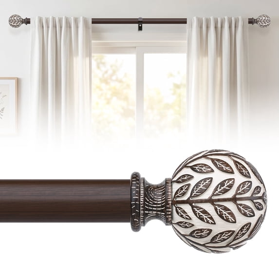 OLV Boho Curtain Rods 36-144" Heavy Duty with Wood Grain Leaf Finial,Walnut Wood-White