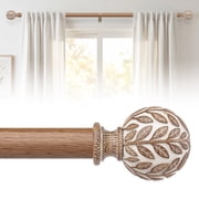 OLV Boho Curtain Rods 36-88" Heavy Duty with Wood Grain Leaf Finial,Burlywood-white