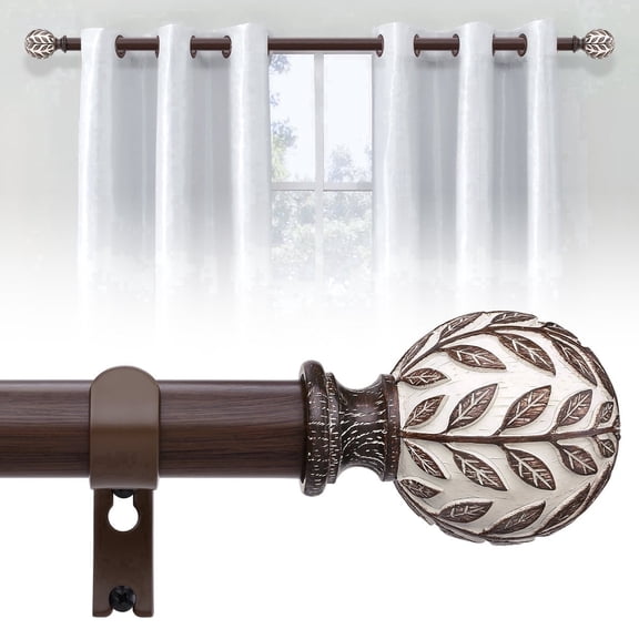 OLV Boho Curtain Rods 36-88" Heavy Duty with Wood Grain Leaf Finial,Walnut Wood-White