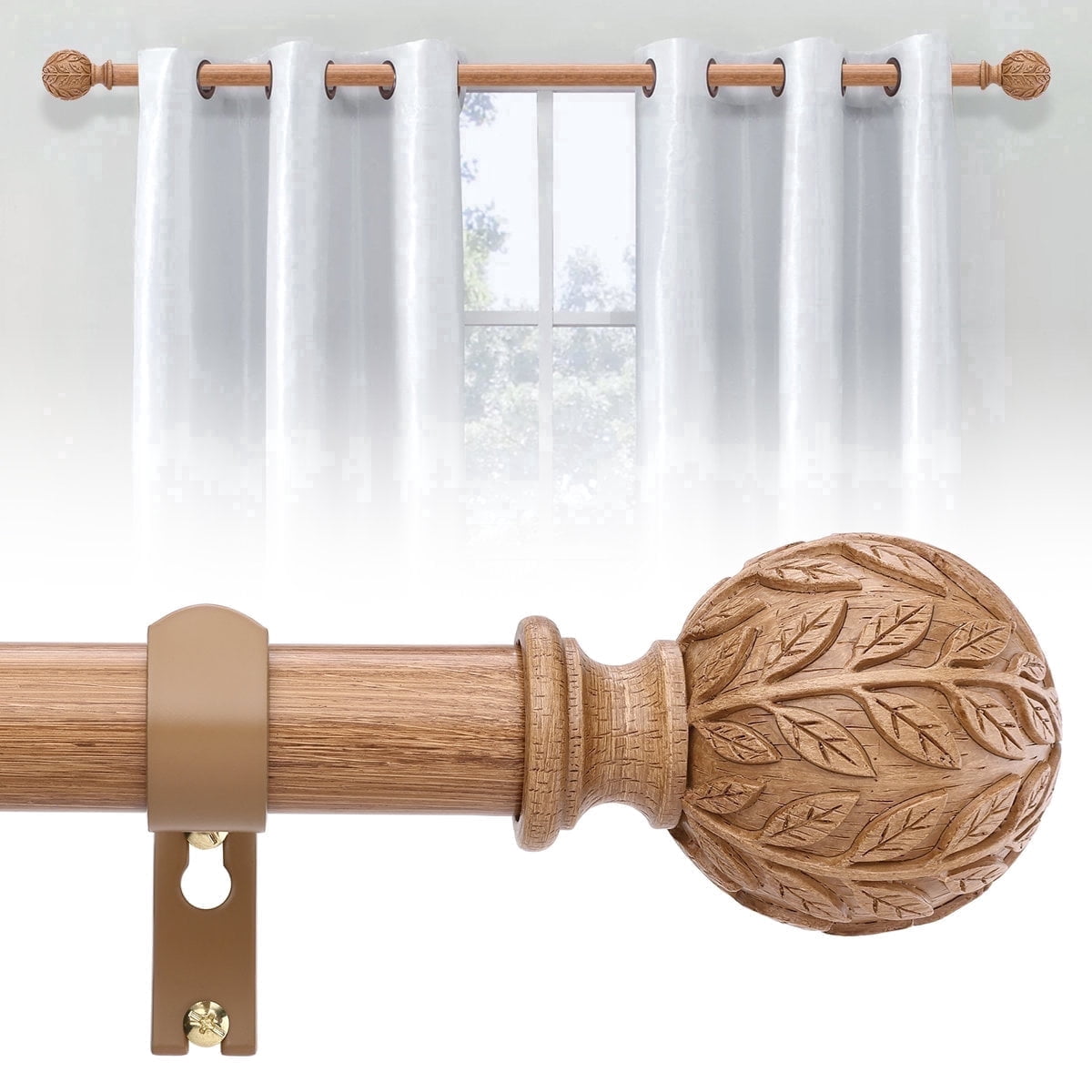 OLV Boho Curtain Rods 36-88" Heavy Duty with Wood Grain Leaf Finial,Burlywood
