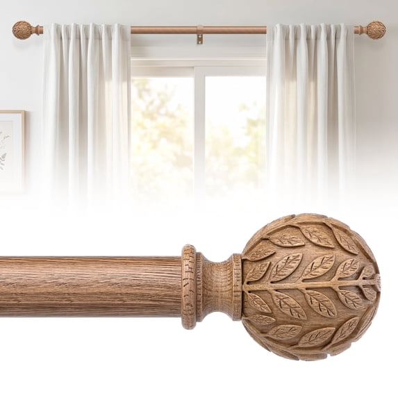 OLV Boho Curtain Rods 36-88" Heavy Duty with Wood Grain Leaf Finial,Burlywood