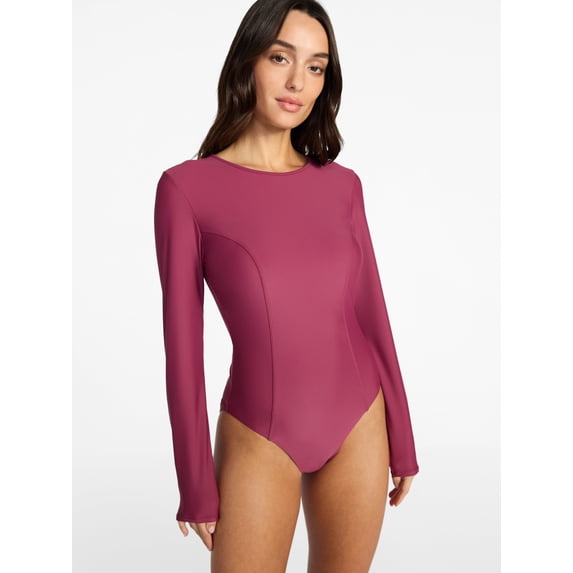 Time and Tru Women's and Women's Plus Size One Piece Rash Guard Swimsuit with Long Sleeves, Sizes XS-3X