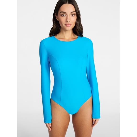 Time and Tru Women's and Women's Plus Size One Piece Rash Guard Swimsuit with Long Sleeves, Sizes XS-3X