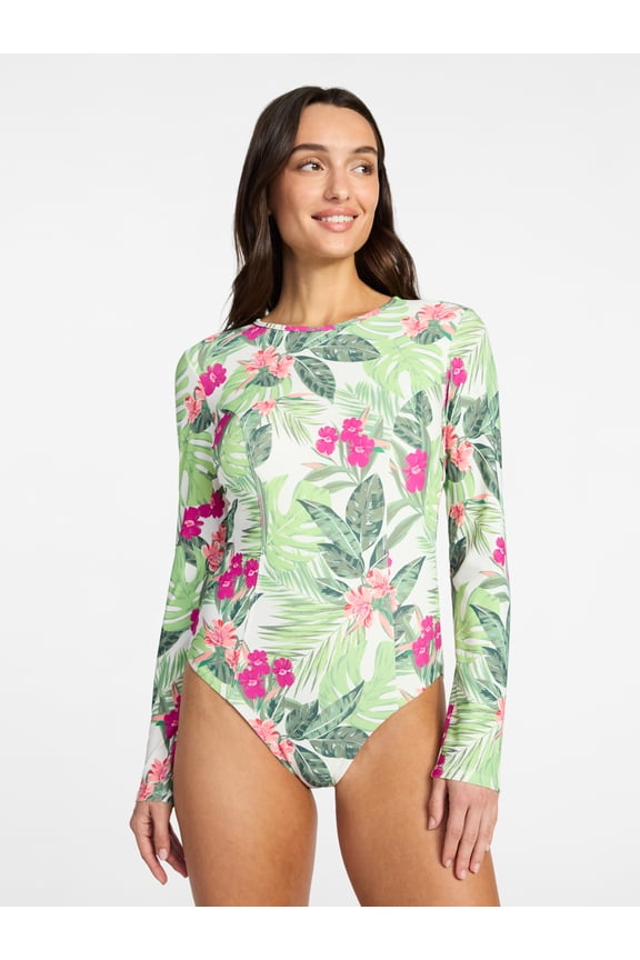 Women's and Women's Plus Size One Piece Rash Guard Swimsuit with Long Sleeves, Sizes XS-3X