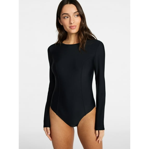 Time and Tru Women's and Women's Plus Size One Piece Rash Guard Swimsuit with Long Sleeves, Sizes XS-3X